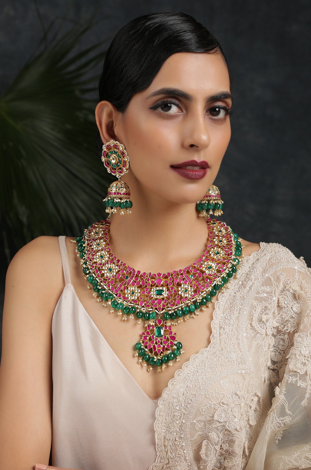 Gold Plated Pink-green Kundan Necklace Set With Jhumkas Gold - Etsy