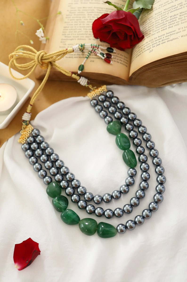 Green-Grey Multilayered Necklace/ Boho-chic Black Pearl Green Necklace/ Multilayered Green Necklace/ Multilayered Green-Grey Necklace image 2