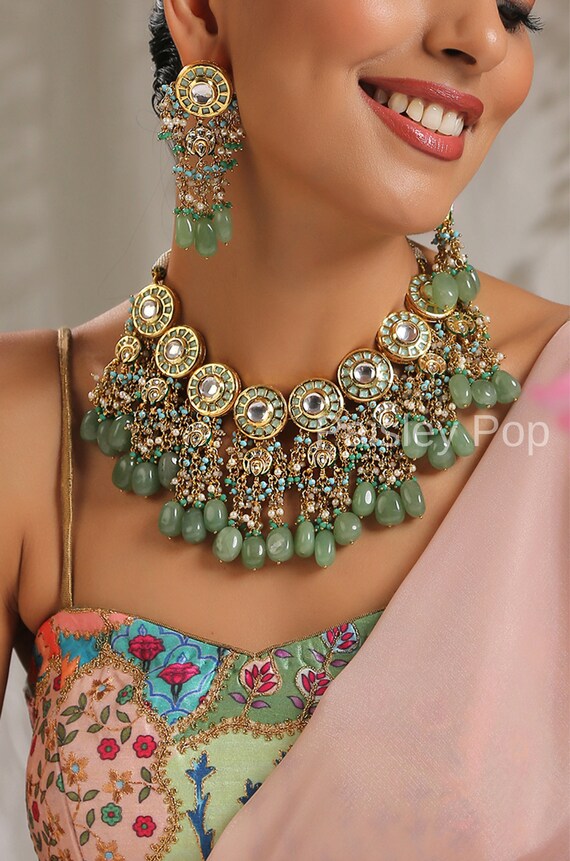 Sage Green and Turquoise Kundan and Meenakari Necklace Set