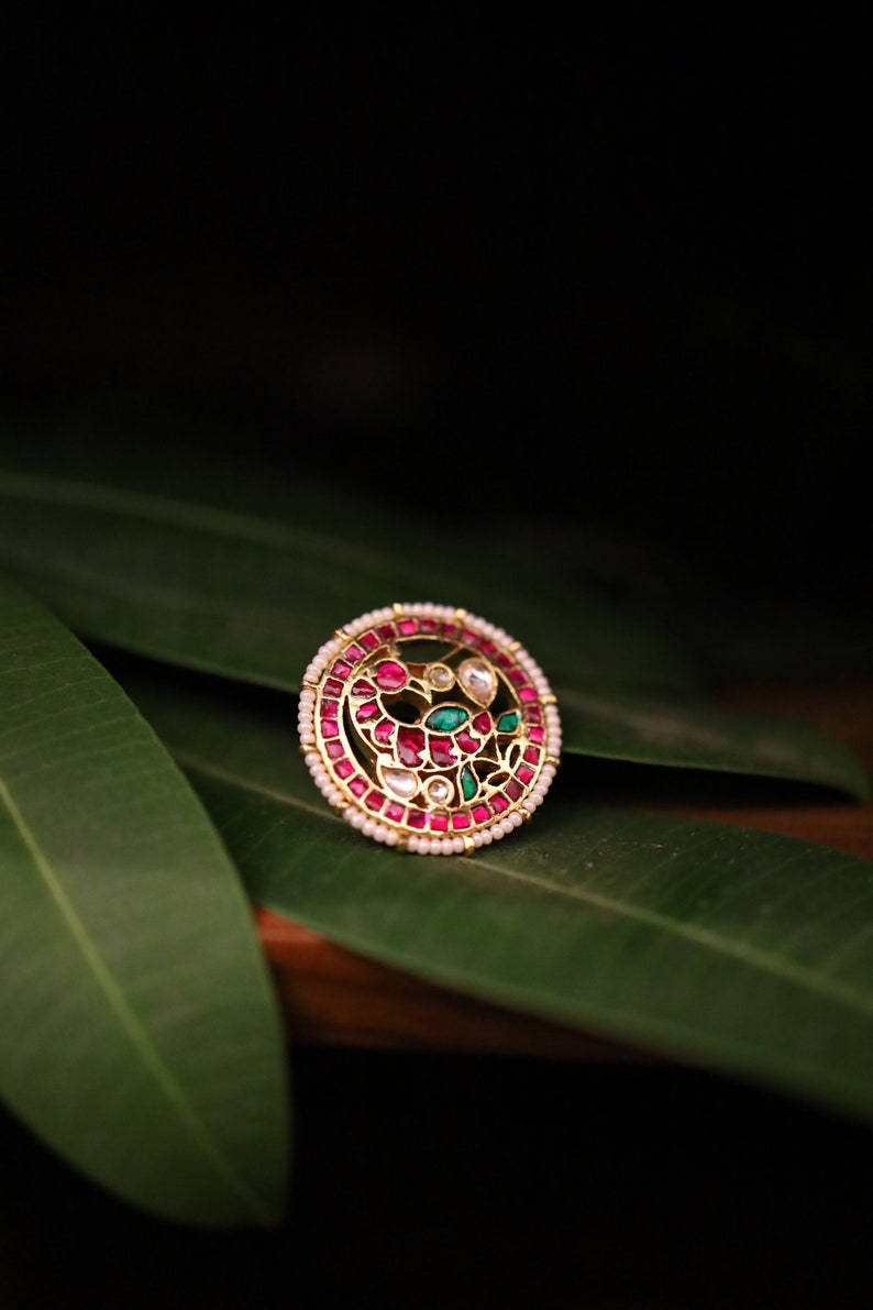 Gold Plated Pink Ring Studded with Pearls Gold Plated Pink Kundan Ring Kundan Ring Pink-Green Kundan Ring