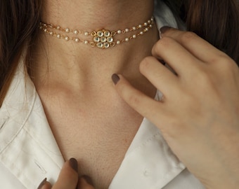 Kundan Floral Choker: Gold Plated Pearls Necklace