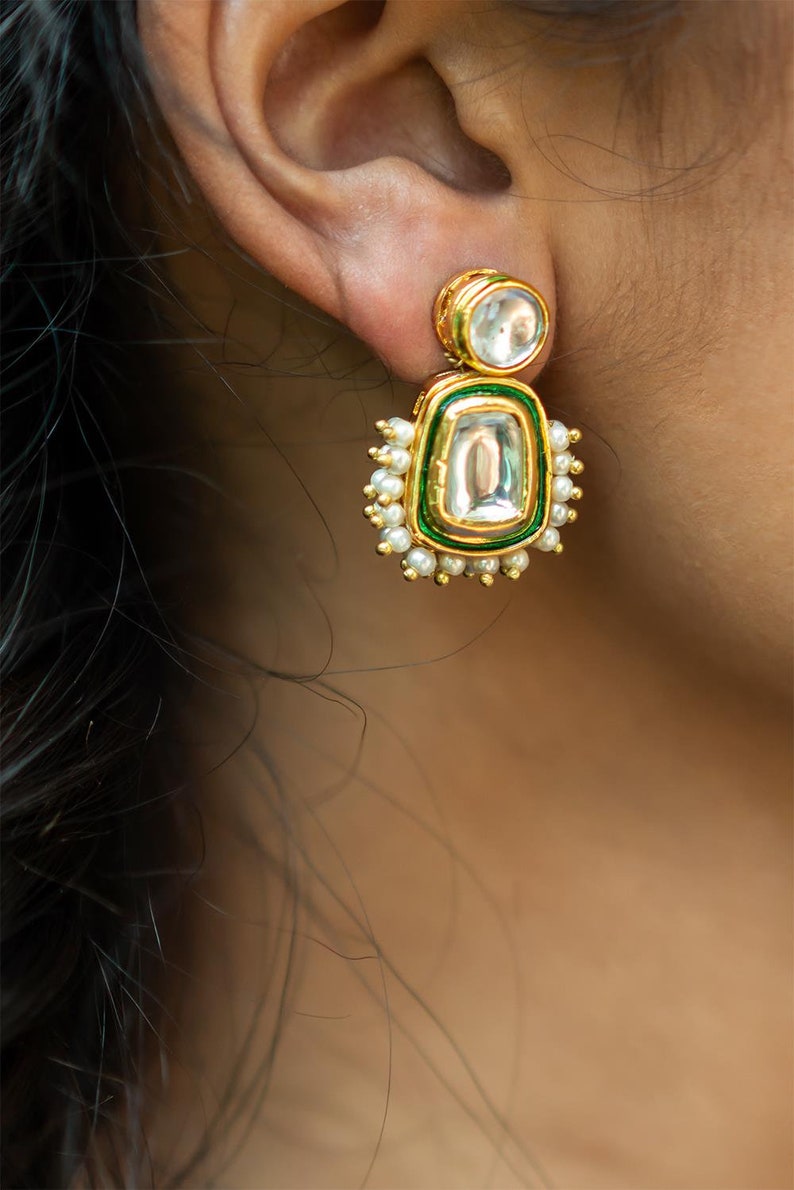 Pearls and Gold Tone Kundan Inspired Stud Earrings image 3