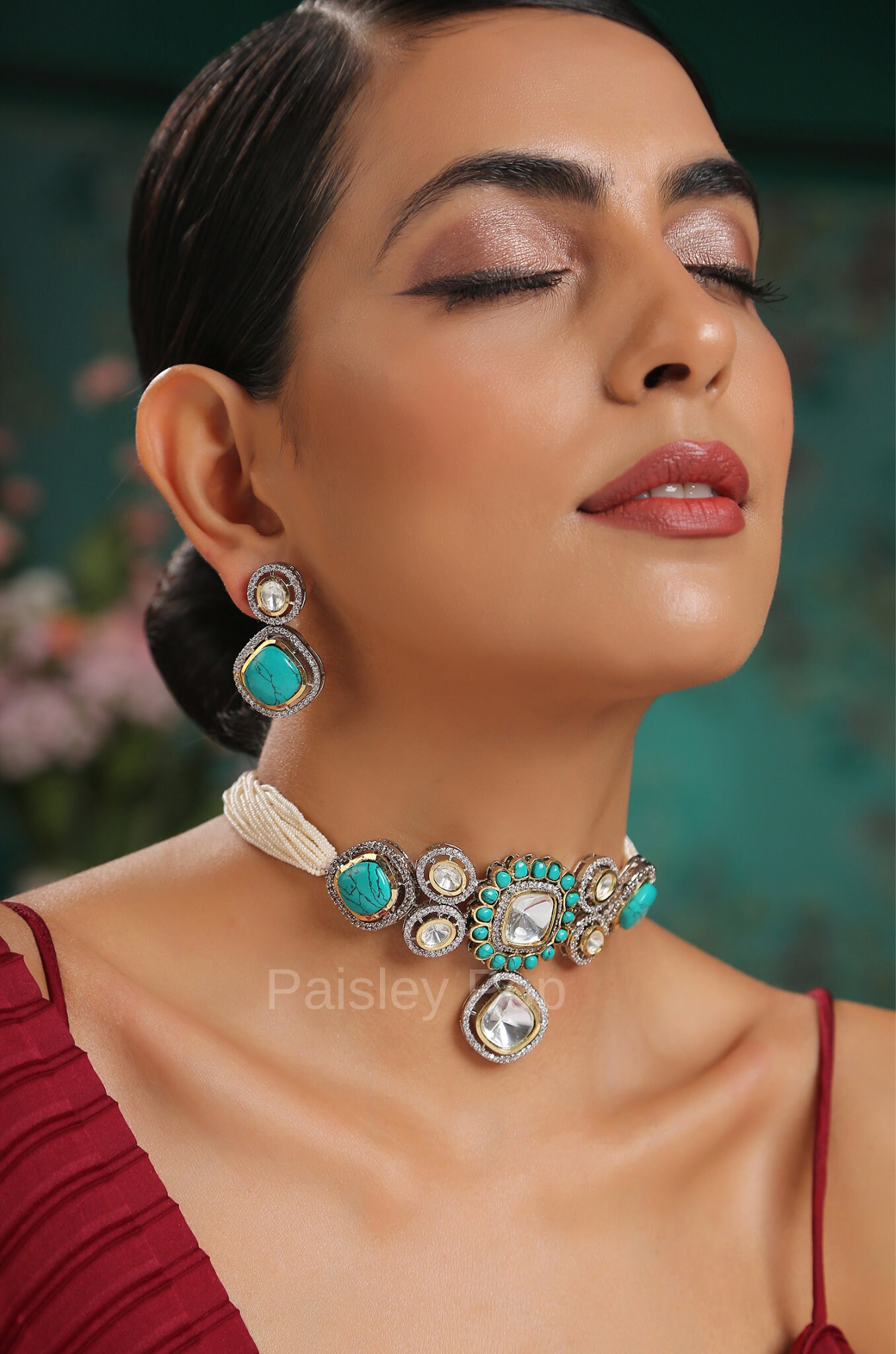 Victorian Choker Necklace Set With Polki and Turquoise Stones Etsy