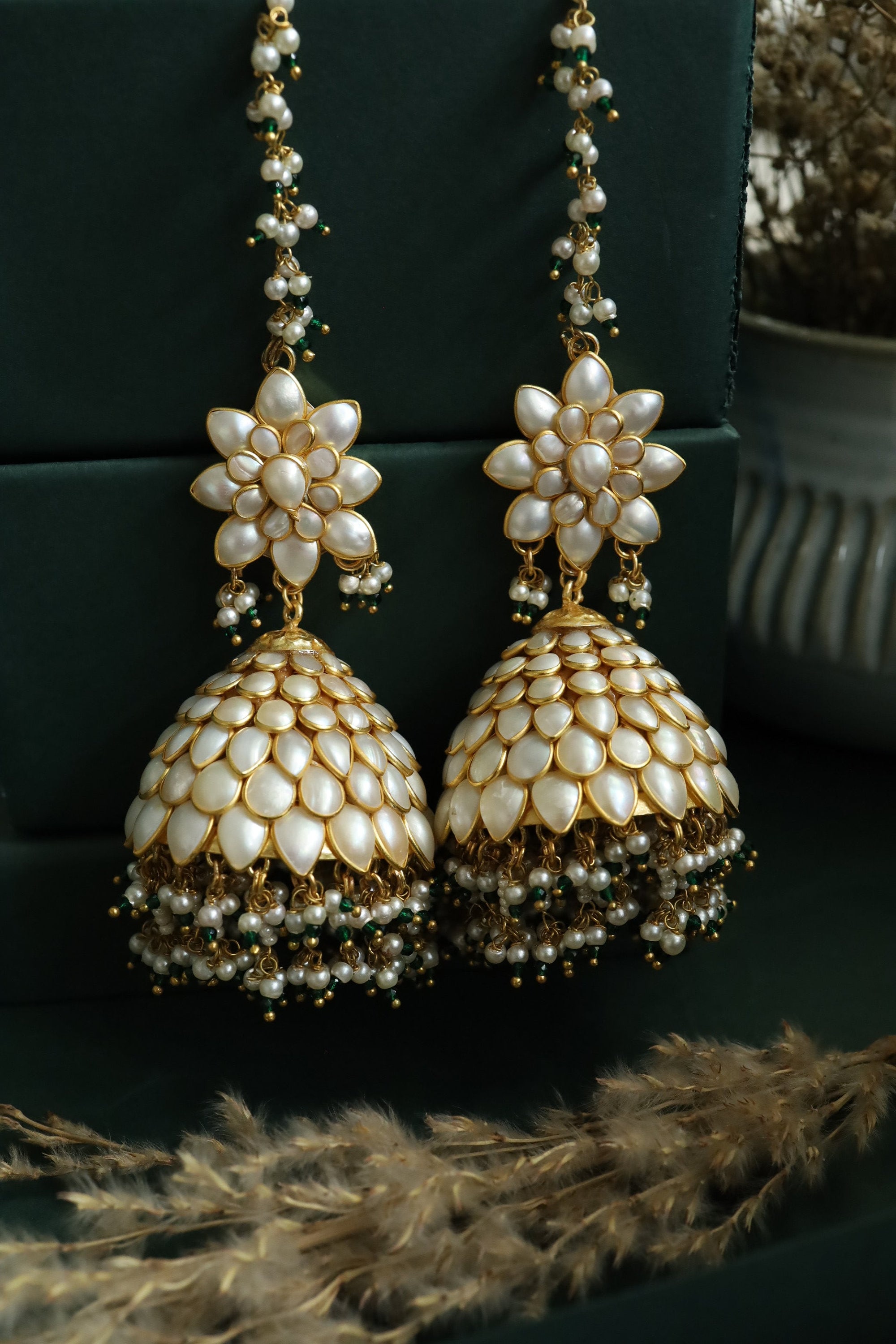 Buy Gold And White Gold-Plated Kundan And Pearls Jhumka Earring With Hair  Chain Online - KARMAPLACE — Karmaplace