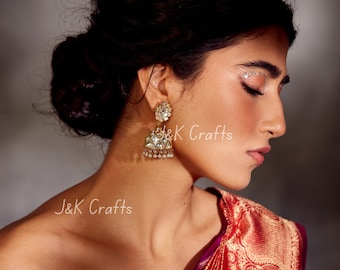 Gold Tone Polki and Jadau Jhumkis / Gold Tone Polki Inspired Jhudau Earrings / Polki Jhumkis / Judau Earrings / Judau Jhumkis