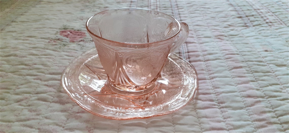 Pink Depression Glass Cups and Saucers in the Royal Lace Etsy