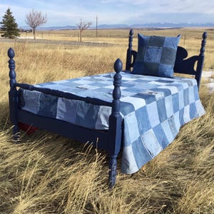 Cowboy Denim Quilt (includes pillow sham): Repurposed Jeans, Red Bandana Patchwork (81x74), USA