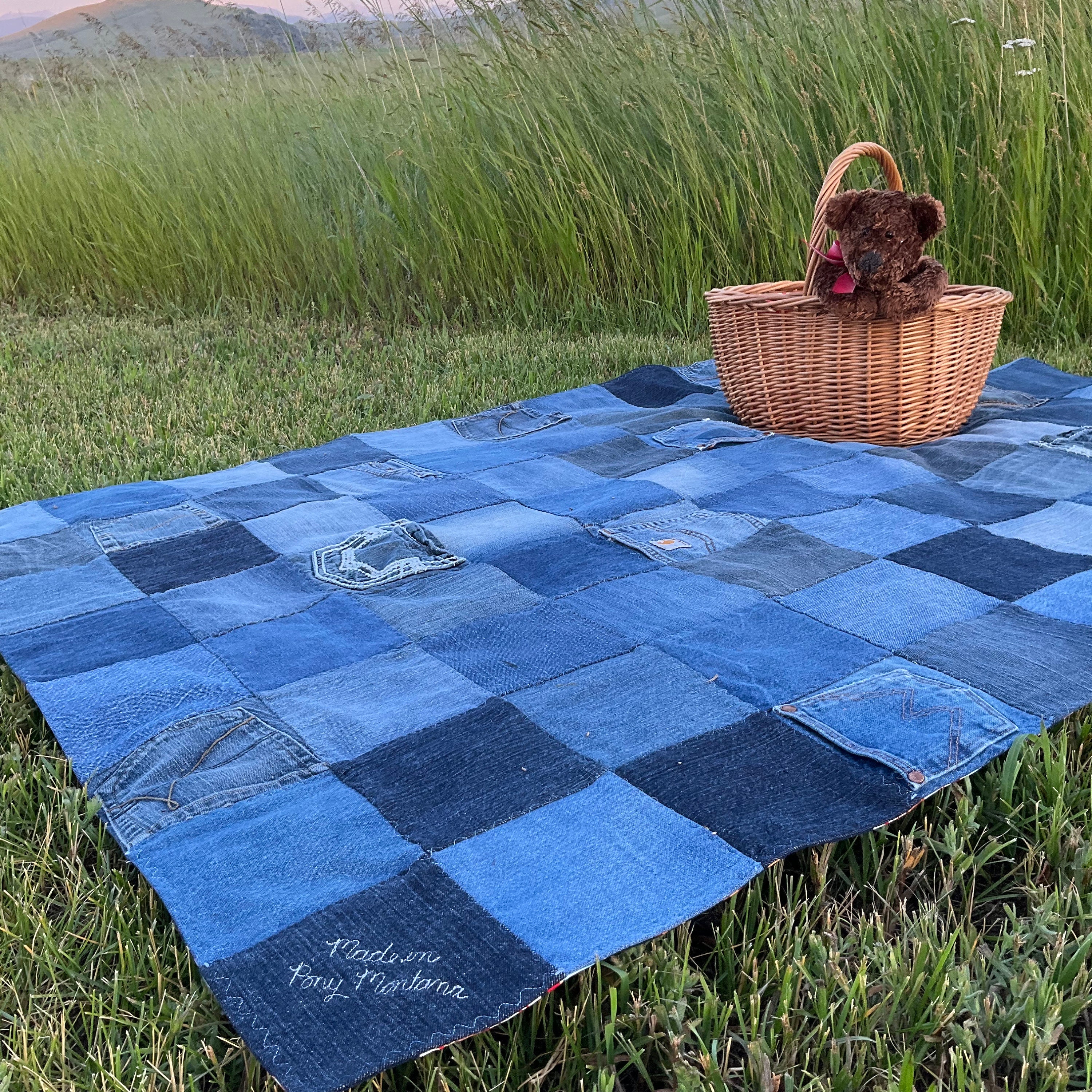 The Old Button: From Jean Jeanie to Golden Brown - Upcycled Denim Patchwork  Picnic Rug