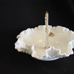 Fenton Ruffled Hobnail Handled Candy Dish
