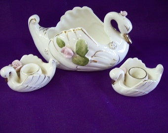 Vintage Porcelain Swan Planter and Swan Candleholders