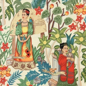 May include: A colorful fabric featuring a repeating pattern of Frida Kahlo, monkeys, flowers, and tropical plants. The background is a cream color. The fabric is perfect for quilting, crafts, and home decor.
