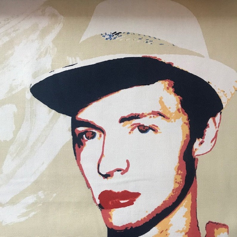 May include: A close-up of a painting of a person wearing a white hat with a black band. The person has red lips and a light complexion. The background is a light beige color with white brushstrokes.