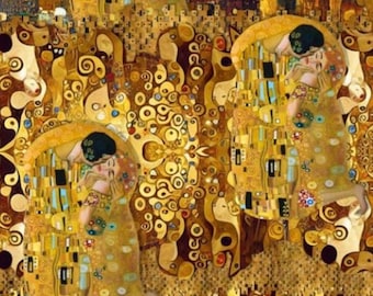 May include: A reproduction of Gustav Klimt's "The Kiss" painting. The artwork features two figures embracing, with intricate gold and yellow patterns. The figures are in a field of gold, with a background of swirling shapes and patterns.