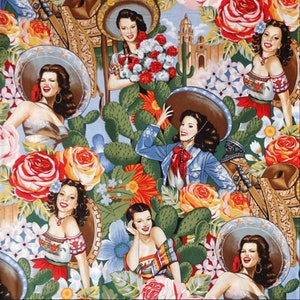 May include: A colorful fabric featuring a repeating pattern of women wearing traditional Mexican clothing and sombreros, surrounded by vibrant flowers and cacti.