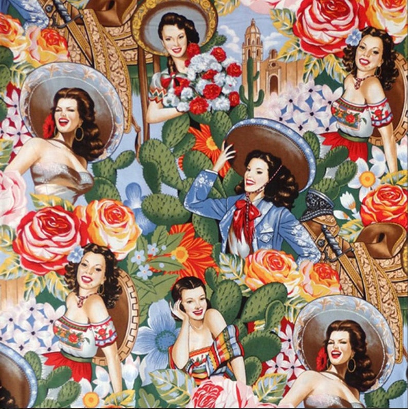 May include: A colorful fabric featuring a repeating pattern of women wearing traditional Mexican clothing and sombreros, surrounded by vibrant flowers and cacti.