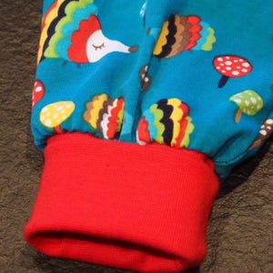 May include: Red and blue fabric with a colorful hedgehog pattern. The fabric has a red cuff at the bottom.