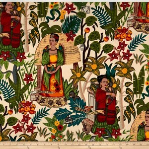 May include: A colorful fabric featuring a repeating pattern of Frida Kahlo, flowers, and tropical plants on a cream background.