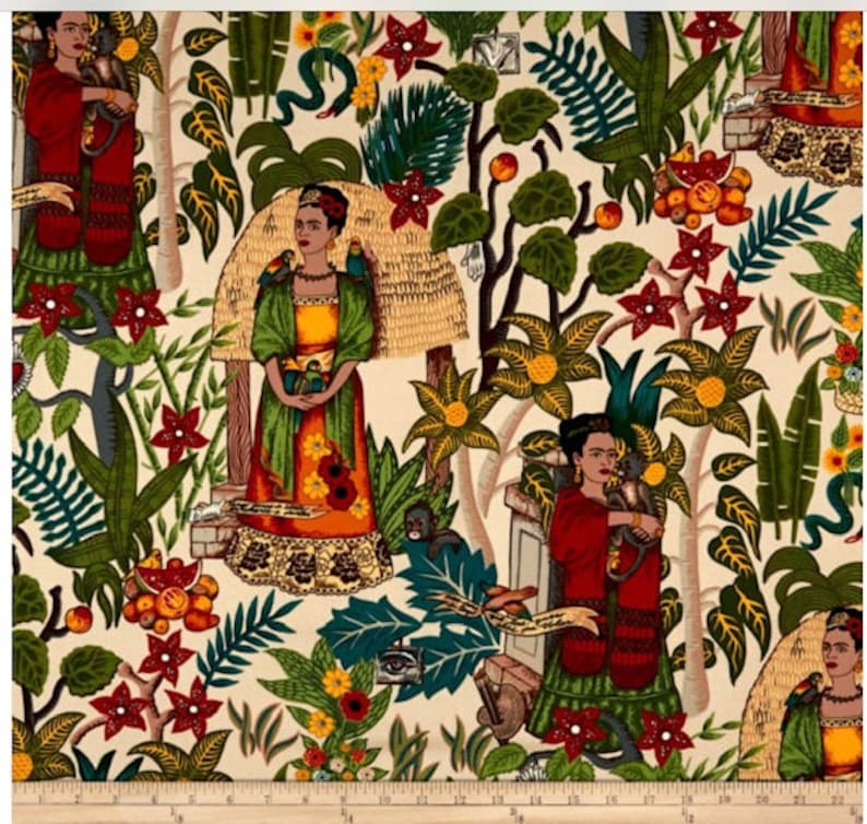 May include: A colorful fabric featuring a repeating pattern of Frida Kahlo, flowers, and tropical plants on a cream background.