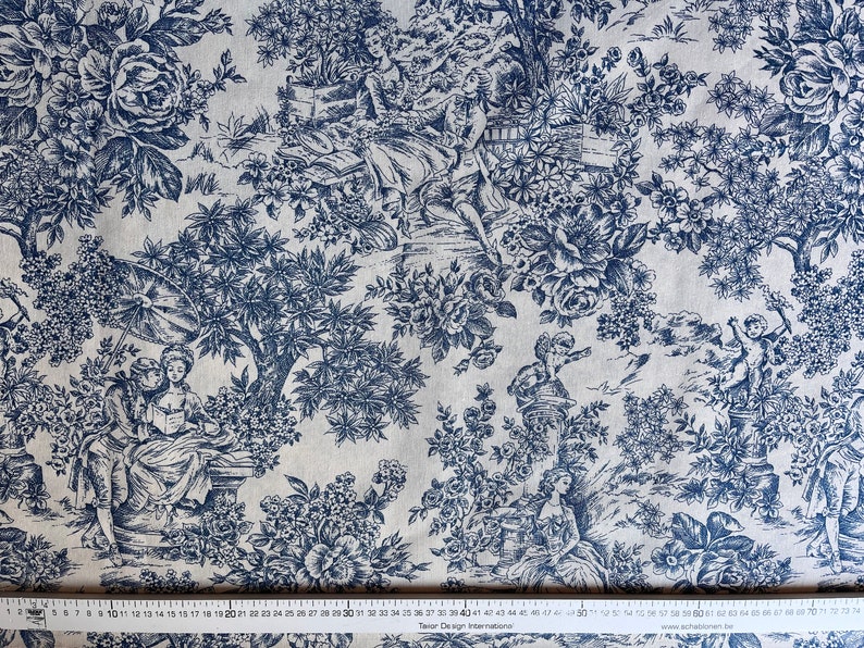 Tissu Toile Histoire d'Amour Toile de Jouy Bleu / Fond Crème Oeko Tex Standard 100 image 2