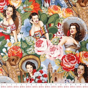 May include: A colorful fabric featuring a repeating pattern of women in traditional Mexican clothing, flowers, and cacti. The women are wearing bright colors and have dark hair. The flowers are red, pink, and white. The cacti are green and prickly.
