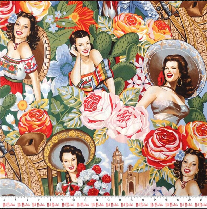May include: A colorful fabric featuring a repeating pattern of women in traditional Mexican clothing, flowers, and cacti. The women are wearing bright colors and have dark hair. The flowers are red, pink, and white. The cacti are green and prickly.