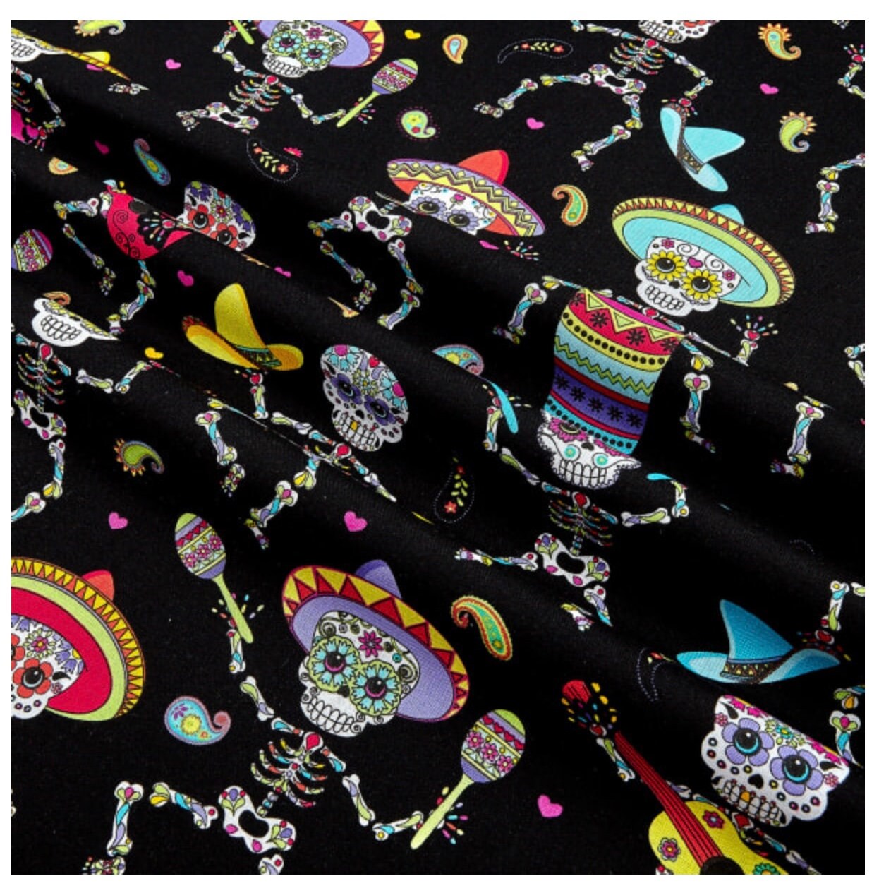 Fabric Visual Arts Timeless Treasures Dancing Day of the Dead by George ...