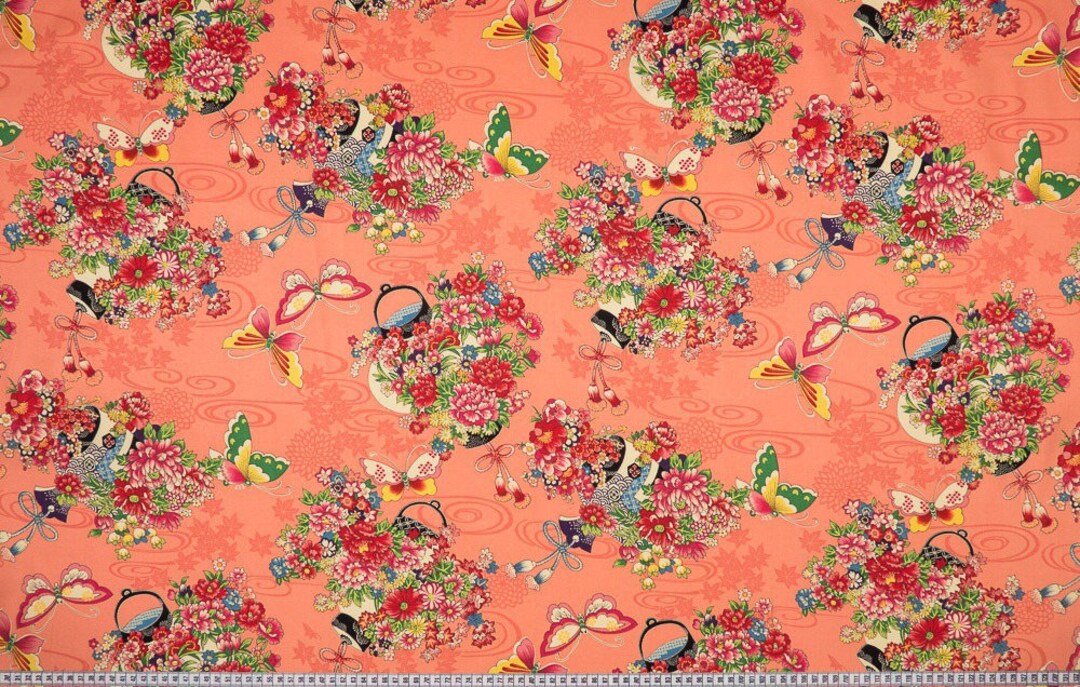 Japanese Fabric KOKKA Japanese Flowers Salmon Background Etsy