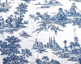 Tissu - Scènes de Vie - Illustration Toile de Jouy Fond Blanc & Motif Bleu ou Vieux Rose