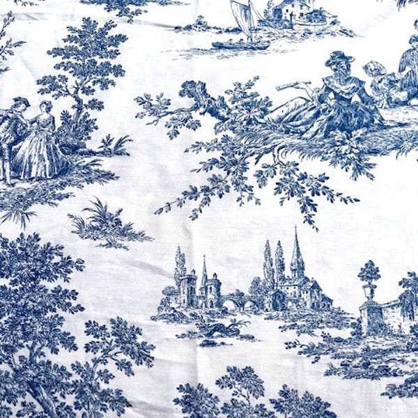 Tissu - Scènes de Vie - Illustration Toile de Jouy Fond Blanc & Motif Bleu ou Vieux Rose