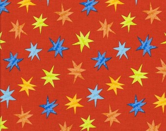 Tissu -Etoiles multicolores sur ciel rouge - Ekeo Tex Standard 100