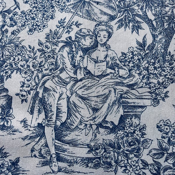 Tissu Toile - Histoire d'Amour - Toile de Jouy - Bleu / Fond Crème - Oeko Tex Standard 100