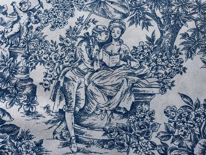 Tissu Toile Histoire d'Amour Toile de Jouy Bleu / Fond Crème Oeko Tex Standard 100 image 1