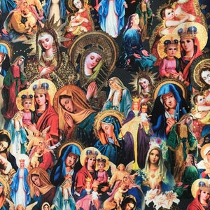 May include: A colorful fabric with a repeating pattern of images of the Virgin Mary and baby Jesus. The images are surrounded by gold halos and are set against a black background.