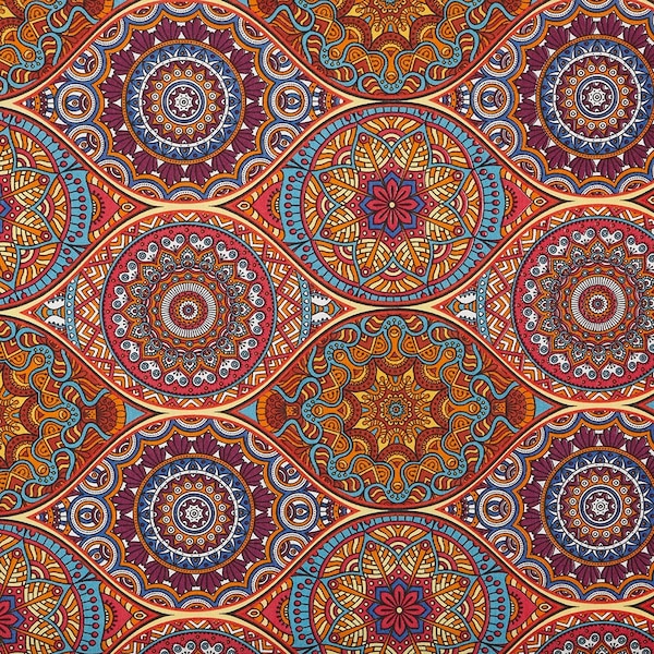 Fabric - Mandala - Cotton Canvas - Red / Multicolor