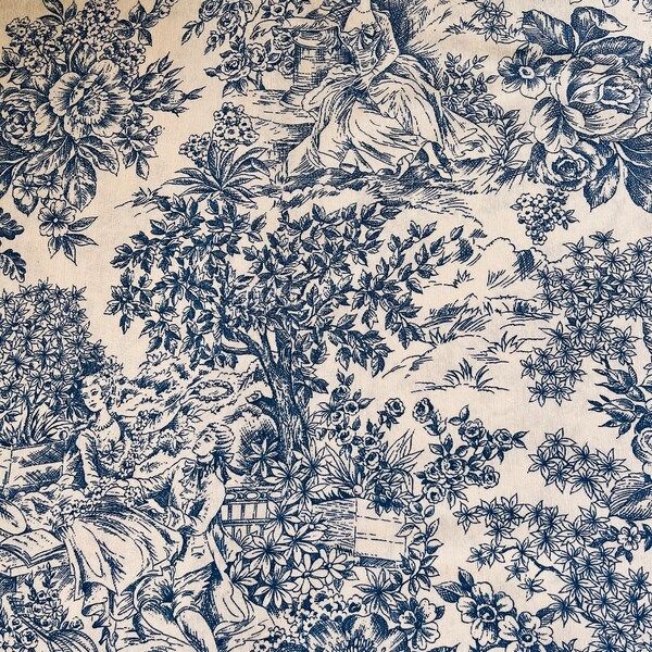 Tissu Toile - Histoire d'Amour - Toile de Jouy - Bleu / Fond Crème - Oeko Tex Standard 100