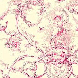 Tissu - Toile de Jouy - Ludivine - Rose Fond Crème / Noir Fond Ecru - Laize 280cm et 140cm