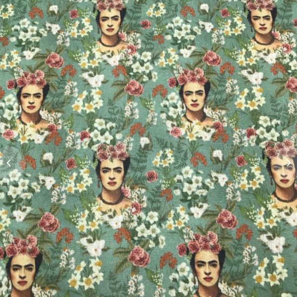 Tissu - Frida / Roses - Vert - Demi Panama