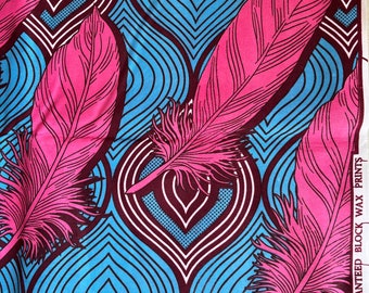 Tissu Wax - Plumes - Pink / Bleu - Véritable High Target Block Wax Prints