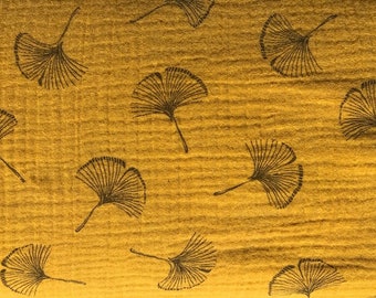 Tissu - Feuilles de Gingko - Double Gaze - Couleur Curry - Oeko Tex Standard 100