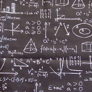 May include: Black background covered in white mathematical equations, formulas, and diagrams. Includes graphs, geometric shapes, and algebraic expressions. A visual representation of mathematical concepts.