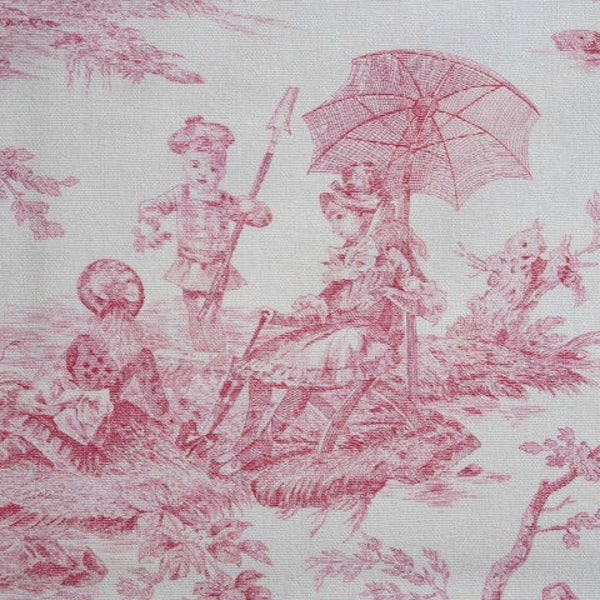 Tissu - Toile de Jouy - Histoire d'Eau - Bleu , Rose & Marine  - Laize 140cm ou 280cm - Oeko Tex Standard 100 - Maison Thévenon