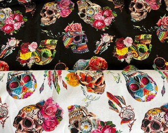 Fabric - DreamSkulls - Black & White Background / Multicolor