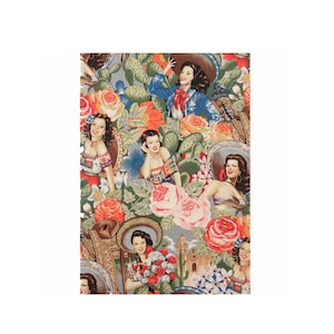 May include: A colorful fabric featuring a repeating pattern of women wearing sombreros and traditional Mexican clothing, surrounded by cacti, flowers, and foliage.