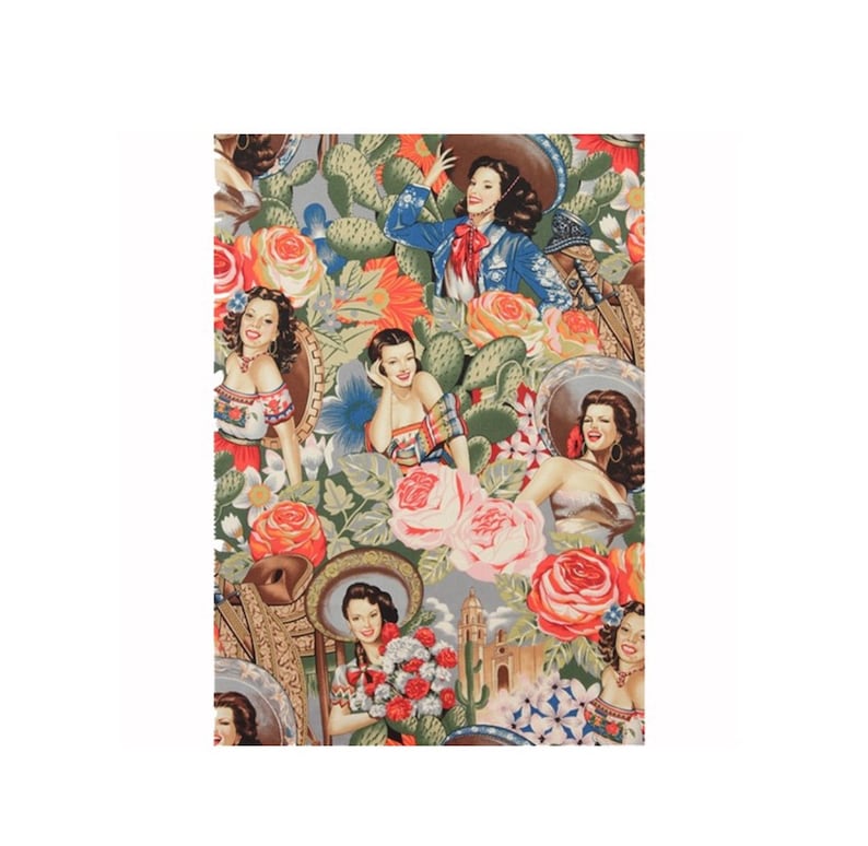 May include: A colorful fabric featuring a repeating pattern of women wearing sombreros and traditional Mexican clothing, surrounded by cacti, flowers, and foliage.