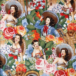 May include: A colorful fabric print featuring women wearing traditional Mexican sombreros and dresses, surrounded by cacti, flowers, and a church in the background.