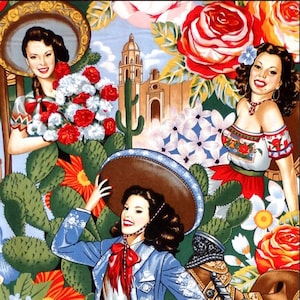 May include: Three women in colorful traditional Mexican clothing, with one wearing a large sombrero, surrounded by flowers and cacti.