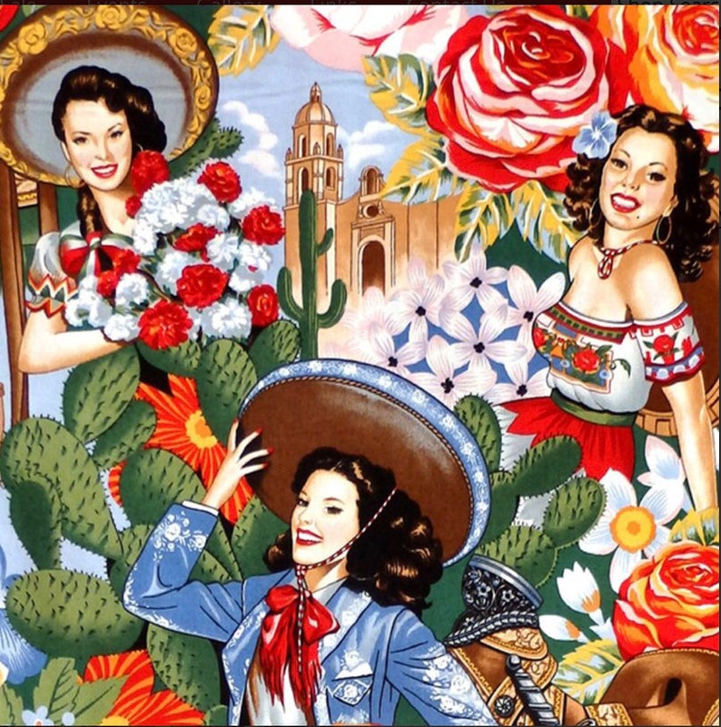 May include: Three women in colorful traditional Mexican clothing, with one wearing a large sombrero, surrounded by flowers and cacti.
