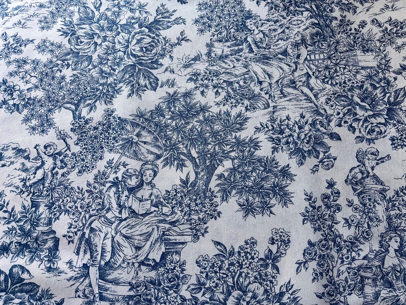 Tissu Toile Histoire d'Amour Toile de Jouy Bleu / Fond Crème Oeko Tex Standard 100 image 4