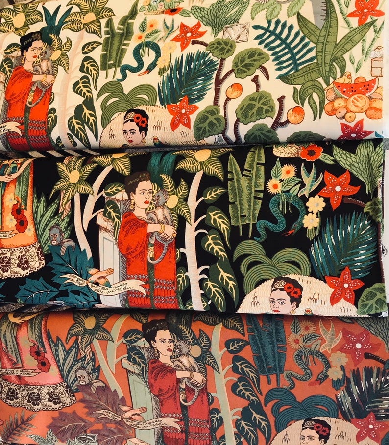 Tissu Haute Qualité Alexander Henry Frida's Garden Fond Noir , Beige et Brique Frida Kahlo image 1