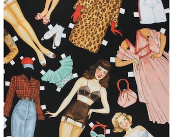 Katoenen stof - Papieren pin-ups - Zwart - Alexander Henry